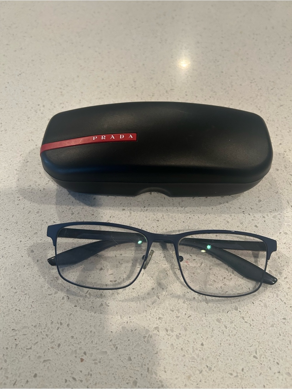 Prada Navy Blue Rectangular Metal Eyeglasses with Black Case